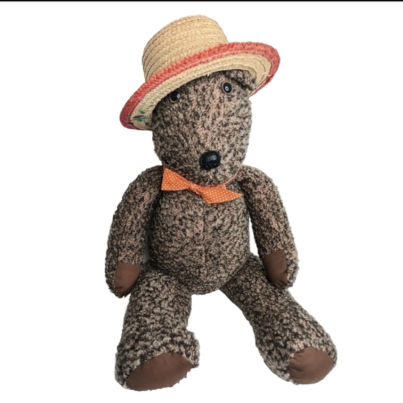 Vintage Handmade Teddy Bear | 30" Tall Curly Heather Brown Plush with Bow - Picture 5 of 11